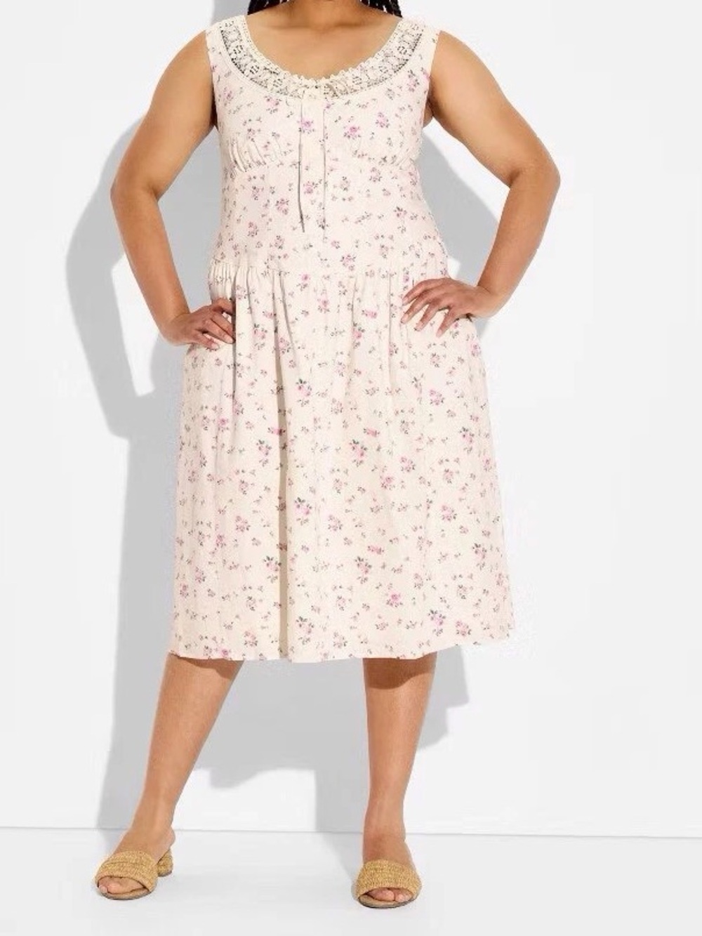 Sleeveless Midi Dress in Light Cream with Pink Floral Print